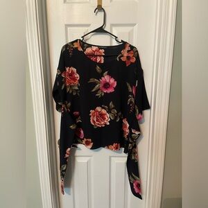 West Kei Navy Floral Tie Waist Short Sleeve Blouse